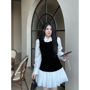 显瘦长袖 法式 利兹周刊 气质假两件蓬蓬连衣裙 大小姐