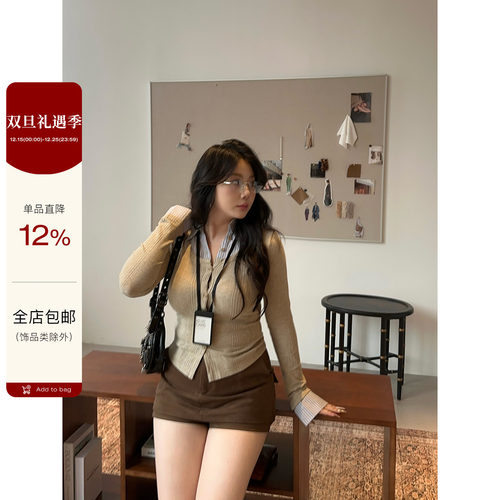 假两件拼接衬衫领长袖针织衫