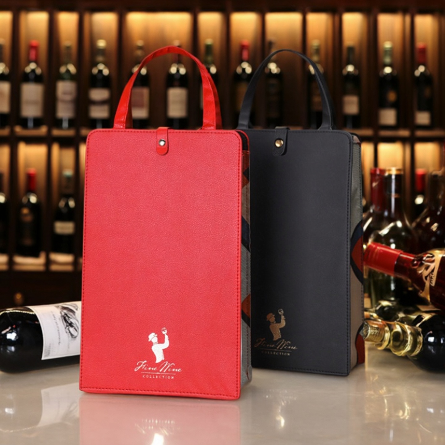 左和右红酒包装礼盒双支手提袋皮盒高档葡萄酒空盒单只装干红定制