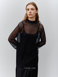 PLEINE LUNE 黑色6A级重磅全真丝镂空长袖针织衫 含真丝吊带