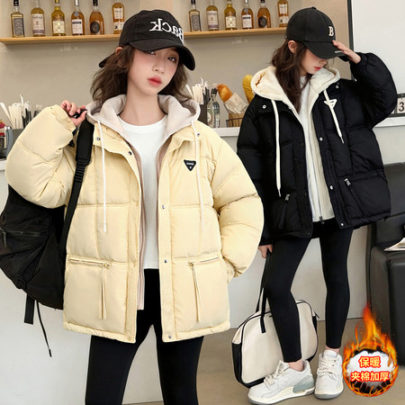 女童韩版假两件棉服连帽加厚外套