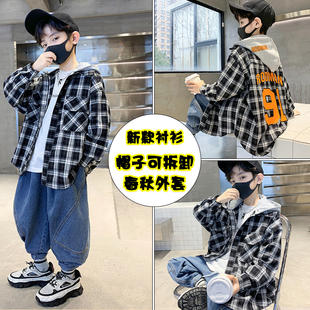 男童带帽格子长袖衬衫帽子可拆卸2022新款宝宝外套开衫春秋装现货
