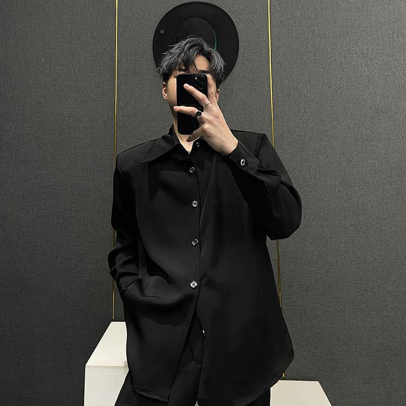 色YSN长袖衬衫男2024春季新款纯白色休百廓形上衣宽松闲垫肩衬衣