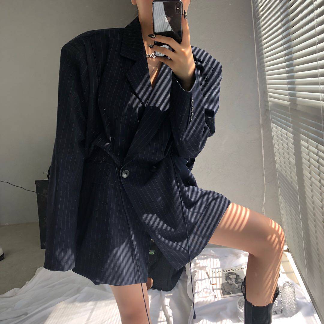 ONEONE AUTUMN HIGH-GRADE STRIPED DARK STRIPE DRAWSTRING PLEATED LOOSE LARGE BLAZER BLAZER WOMEN