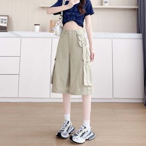 工装风六分阔腿牛仔裤女2026夏季新款高腰显瘦多口袋直筒中裤子潮