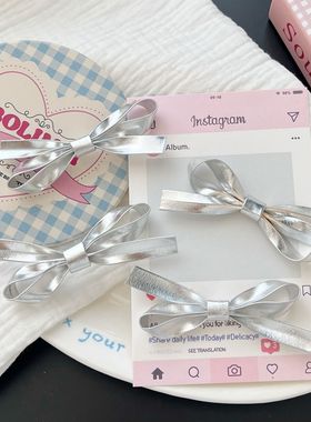 银色皮质ins蝴蝶结发夹发卡鸭嘴夹侧边夹子发饰刘海新款芭蕾风头