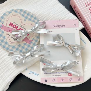 银色皮质ins蝴蝶结发夹发卡鸭嘴夹侧边夹子发饰刘海新款芭蕾风头