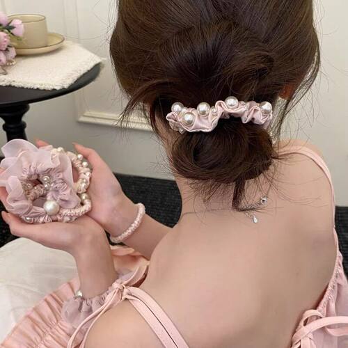 粉色珍珠缎面小肠发圈女高级感丸子头超大头绳扎头发慵懒风发饰
