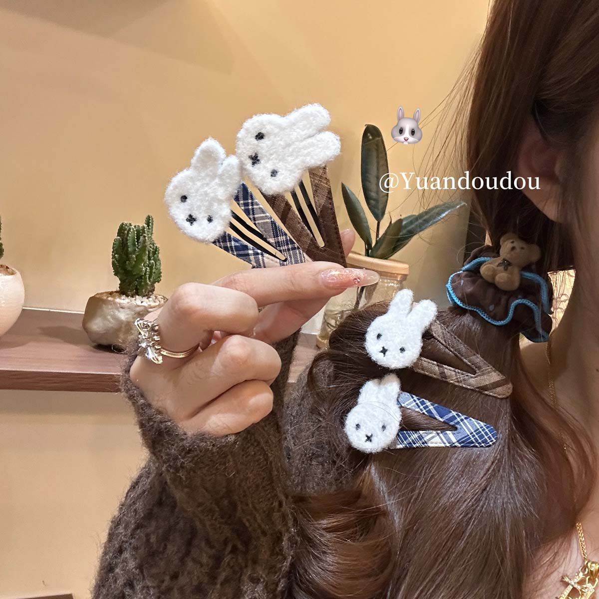 韩国秋冬新款miffy兔格纹bb夹可爱毛绒刺绣刘海侧边夹碎发夹头饰
