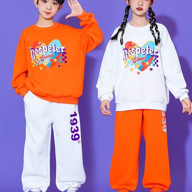 儿童运动会套装爱心彩色橘色宽松长袖春秋季童女童演出服小学生