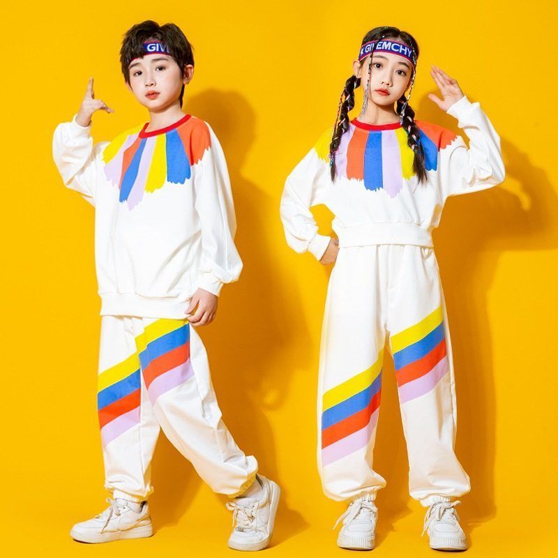 儿童六一新款啦啦队演出服彩虹圆领卫衣运动会开幕式表演服套装