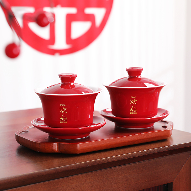 欢喜碗一对结婚红对碗套装红色甜汤碗筷勺婚礼陪嫁用品敬茶套装