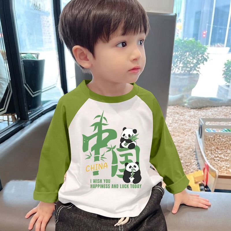 熊猫男童薄款T恤100%纯棉儿童长袖上衣春秋款帅气宝宝早秋打底衫