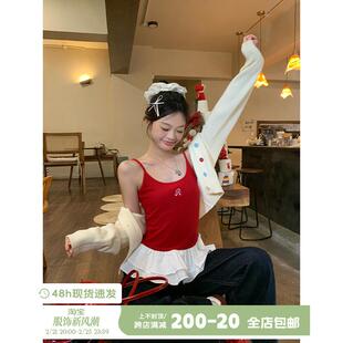 宋正恩红色针织花边吊带背心女夏季内搭可外穿绣花芭蕾风独特上衣