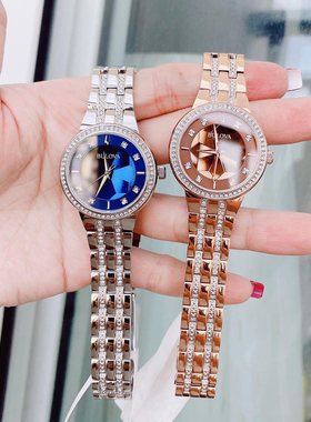 代购Bulova宝路华手表女96L276镶钻3D立体蓝色表盘石英女手表