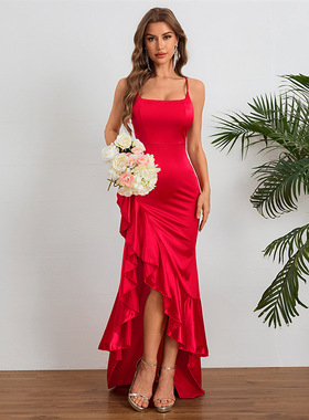 Slips ruffled edges slit dress dress吊带荷叶边开叉礼服连衣裙