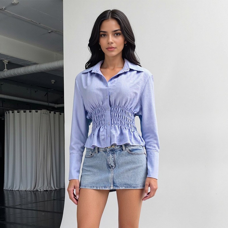 气质立领条纹衬衫上衣