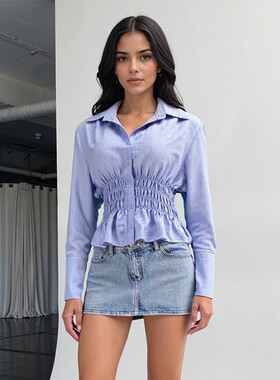 Temperament stand up collar striped shirt top气质衬衫上衣女