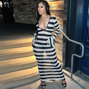 Sexy long sleeved striped printed dress 长袖条纹印花连衣裙女