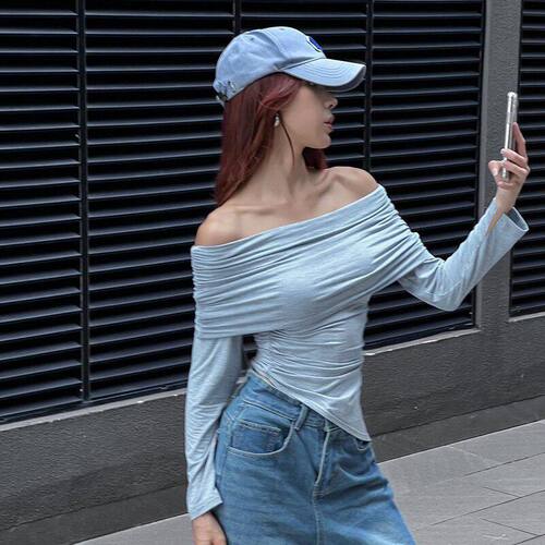 修身一字肩不规则T恤女