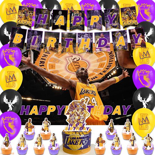 NBA湖人球队生日派对装饰LAKERS科比詹姆斯拉旗气球背景布蛋糕插