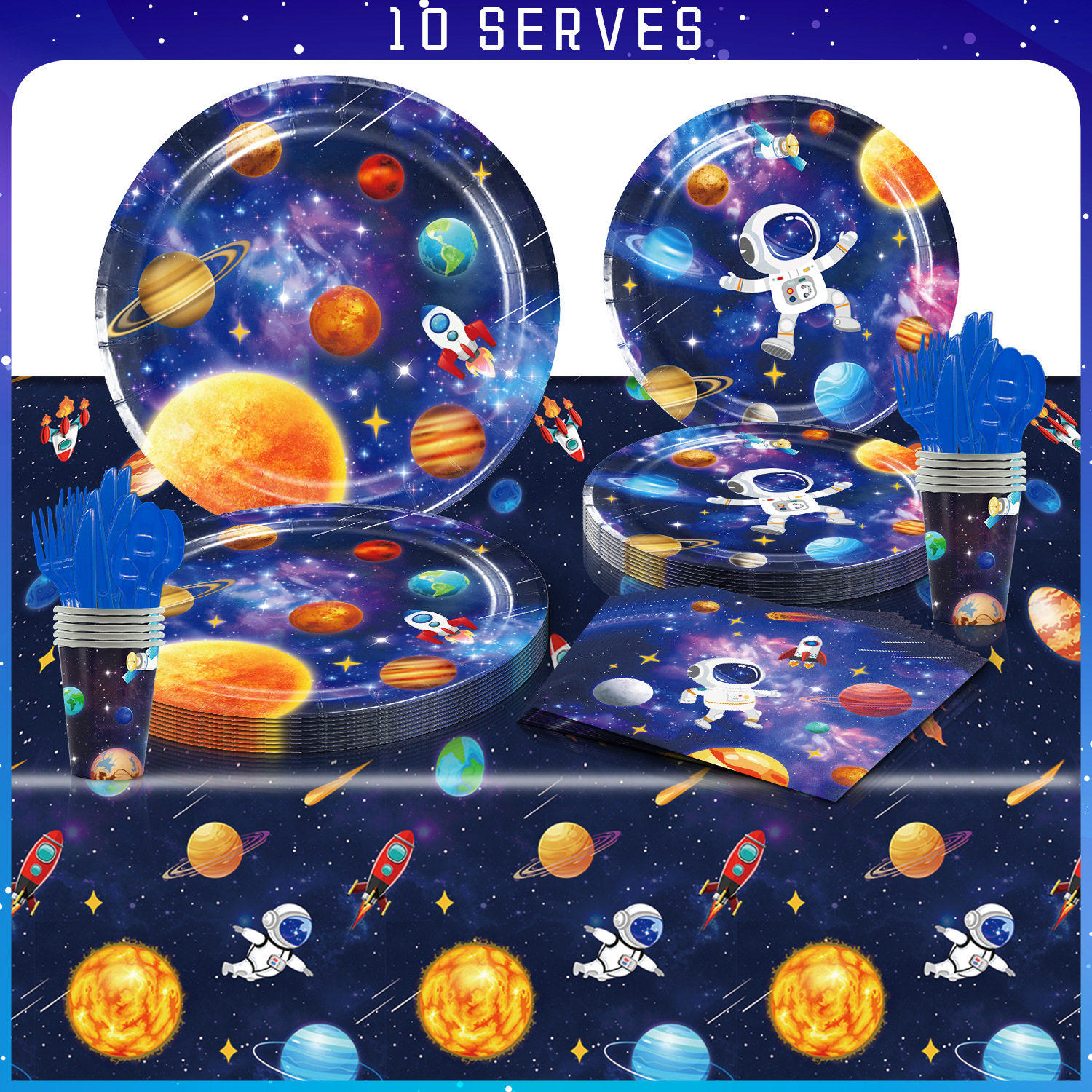 新款宇航员主题卡通生日派对装饰纸盘纸杯纸巾桌布一次性餐具套装,餐饮具,可降解餐具/环保餐具,淘宝优惠券,粉丝福利购,淘宝优惠卷