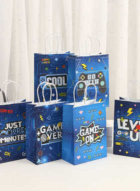 蓝色游戏机game on游戏礼品袋牛皮纸手提袋生日派对礼物包装袋子