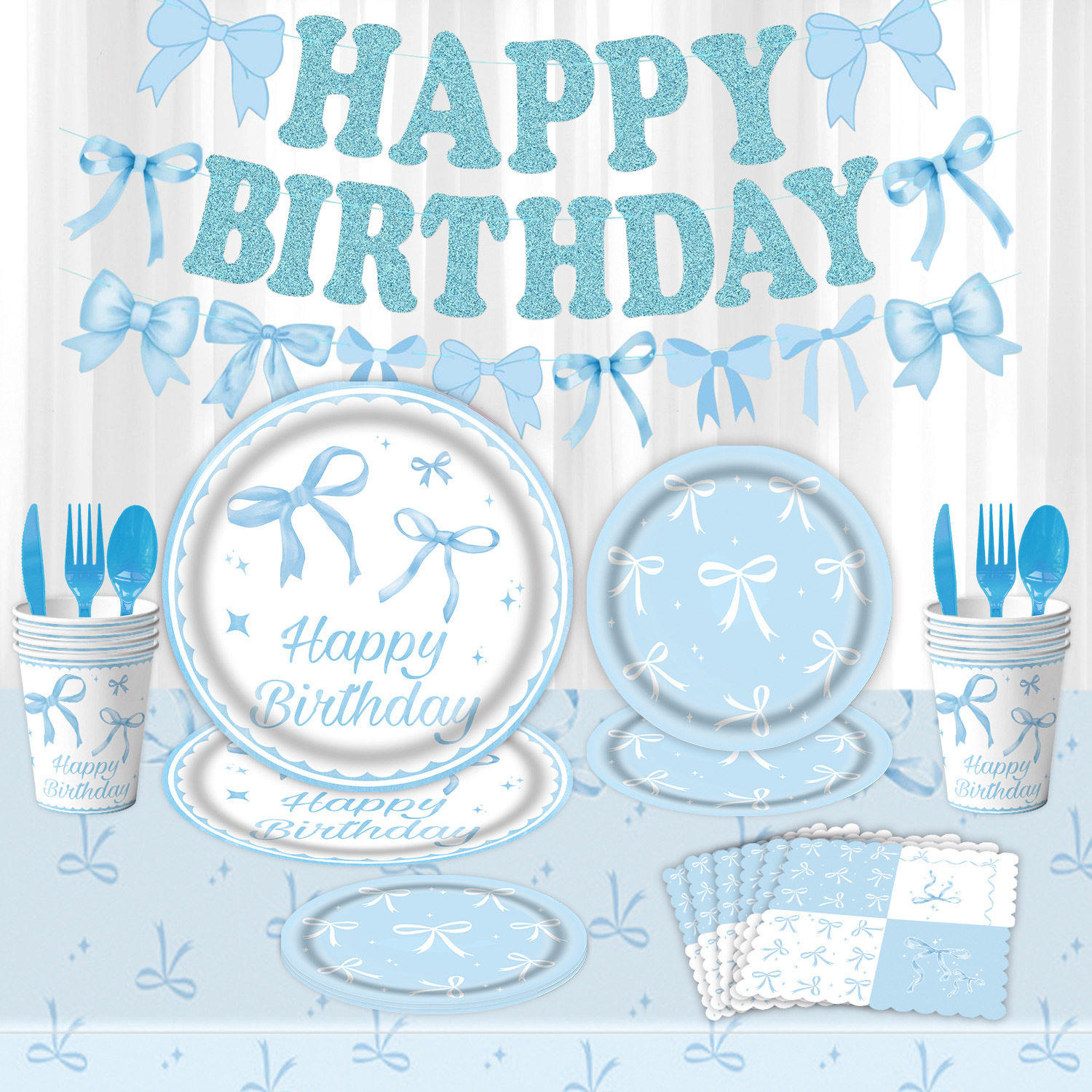 蓝色蝴蝶结主题生日派对餐具用品聚会布置拉旗纸盘纸杯纸巾桌布,节庆用品/礼品,装扮布置套餐,淘宝优惠券,粉丝福利购,淘宝优惠卷