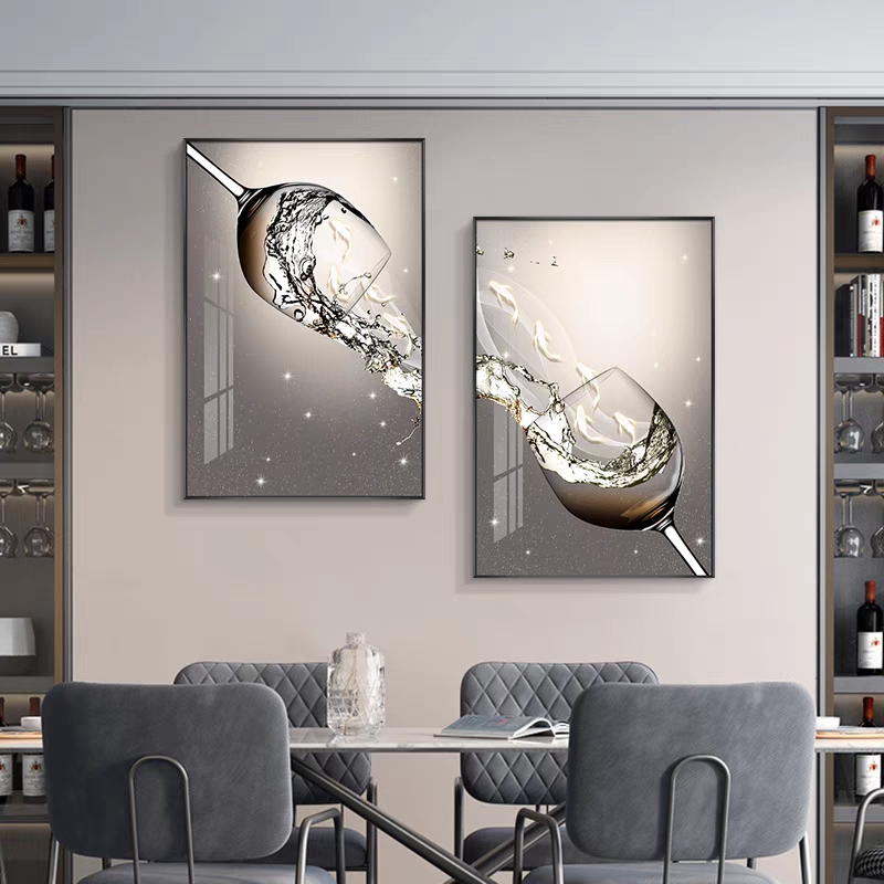 现代简约九鱼图双联餐厅装饰画轻奢酒杯北欧花卉客厅饭厅墙壁挂画图片