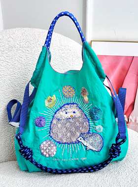 日系小众刺绣环保布袋女ball chain刺猬尼龙购物袋手提包单肩潮牌