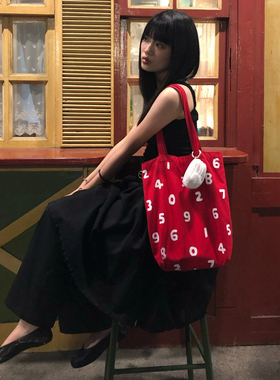 日系数字帆布包时尚百搭宋祖儿同款布袋子限定大容量单肩包