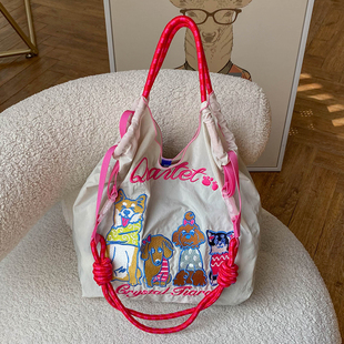 日系ball&chain柴犬刺绣购物袋小众百搭环保尼龙袋单肩斜跨包休闲