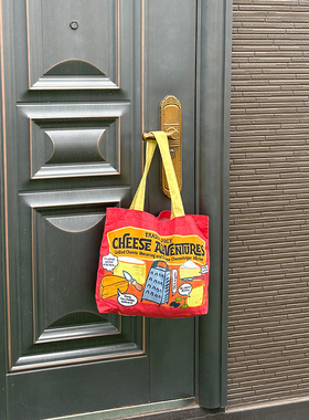 美国Trader Joe's缺德舅2025新款纯棉芝士图案印花红色时尚购物袋