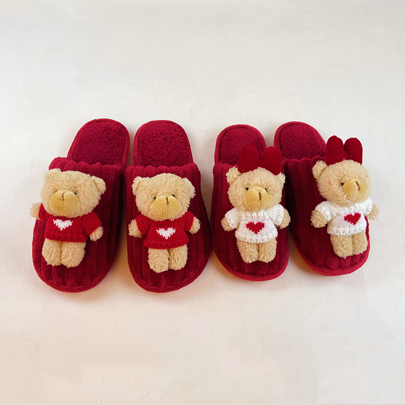 结婚棉拖鞋冬季保暖新娘新郎红色喜庆毛绒可爱婚礼情侣款一对男女