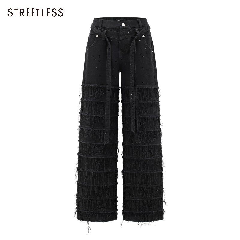 STREETLESS骨位拼接满钻直筒牛仔裤流苏小众设计师男女同款带腰带