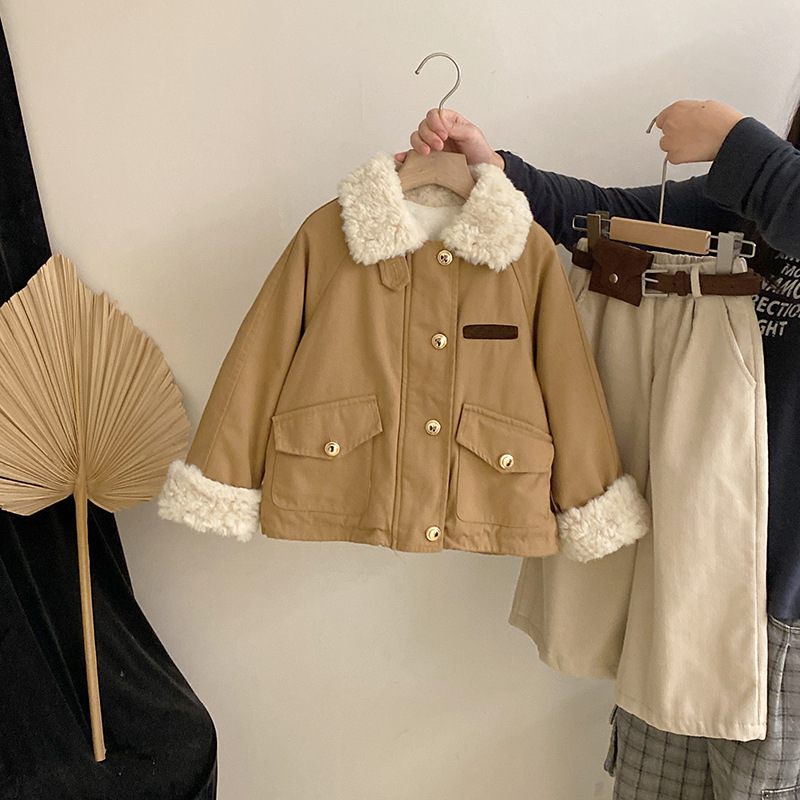 女童韩版秋冬季2025新款美式复古加绒派克服外套加绒休闲裤两件套