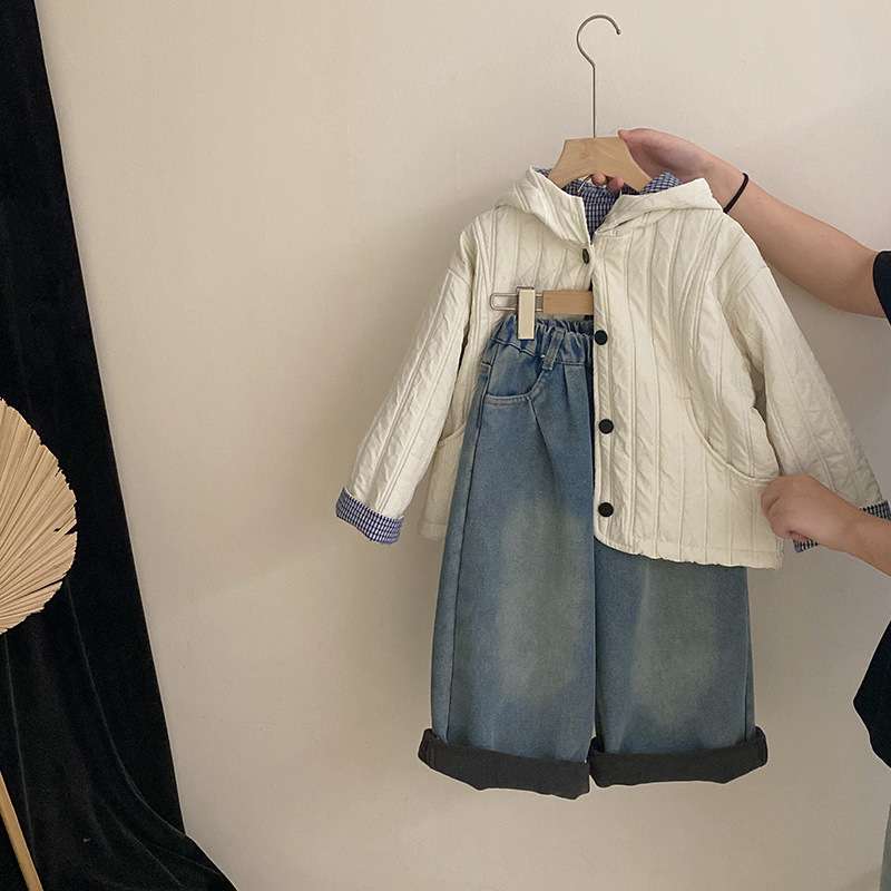 韩版女童冬季新款格子棉服连帽外套2025百搭休闲加绒牛仔裤