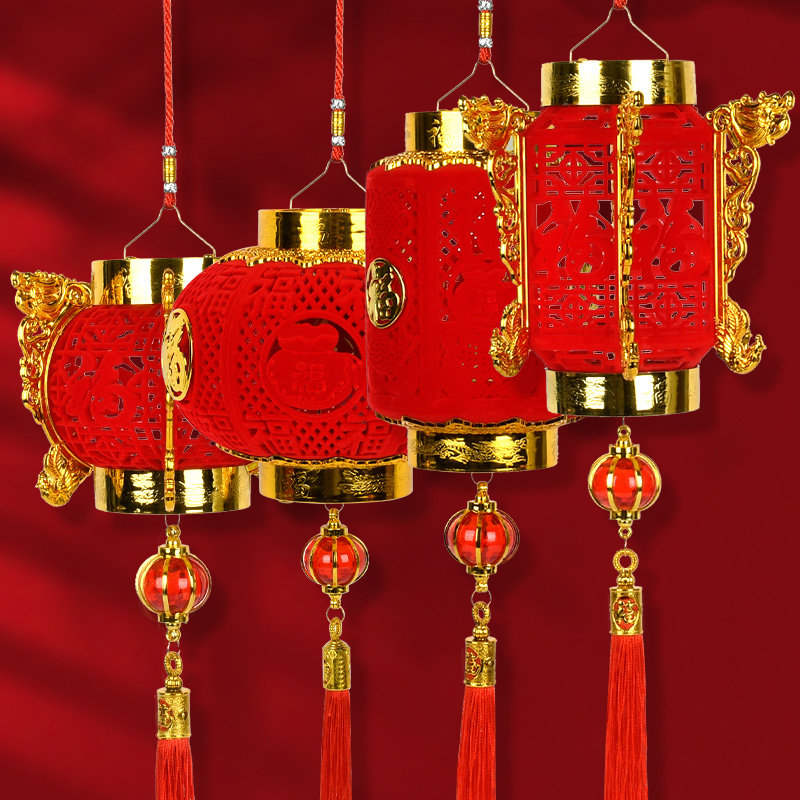 植绒小灯笼装饰新年春节元旦盆景发光挂饰红灯笼串吊饰场景布置