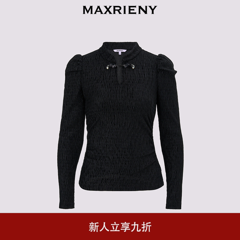 MAXRIENY优雅浪漫上衣收腰显瘦女秋冬新款盘扣领泡泡袖套头针织衫