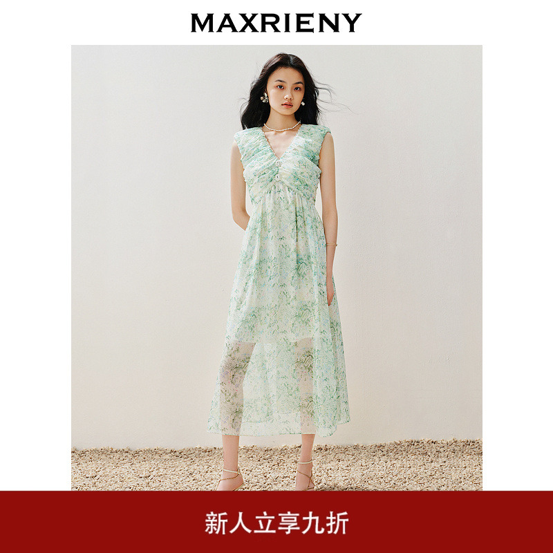 MAXRIENY浪漫度假风印花连衣裙仙美悠闲感v领茶歇裙