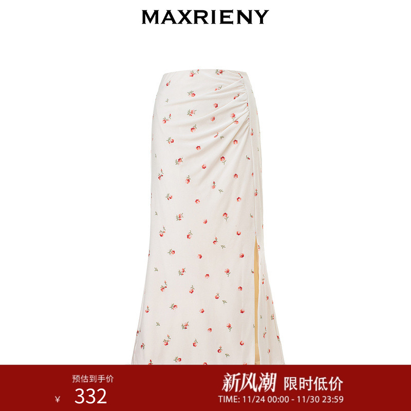 MAXRIENY国风复古三红绣高腰鱼尾半裙冬季新款裙子