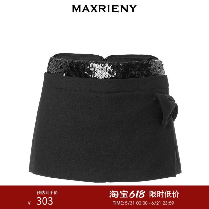 MAXRIENY率性复古双腰头拼接亮片低腰式裙裤冬款短裤