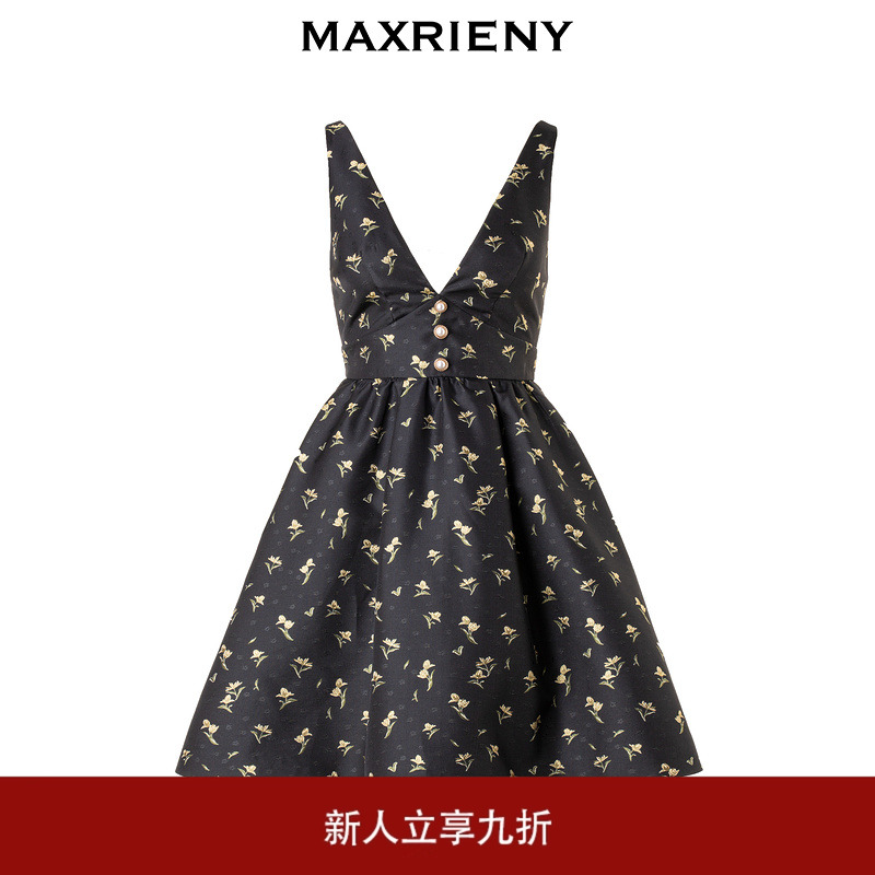 MAXRIENY宫廷复古郁金花提花背带大V领连衣裙小黑裙
