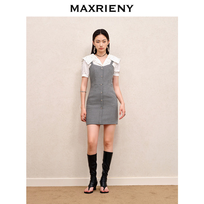 MAXRIENY复古气质黑白格纹吊带连衣裙收腰高级气质感女装