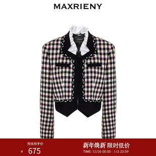 MAXRIENY花火宫廷外套冬款 羊毛混纺格纹上衣外搭女