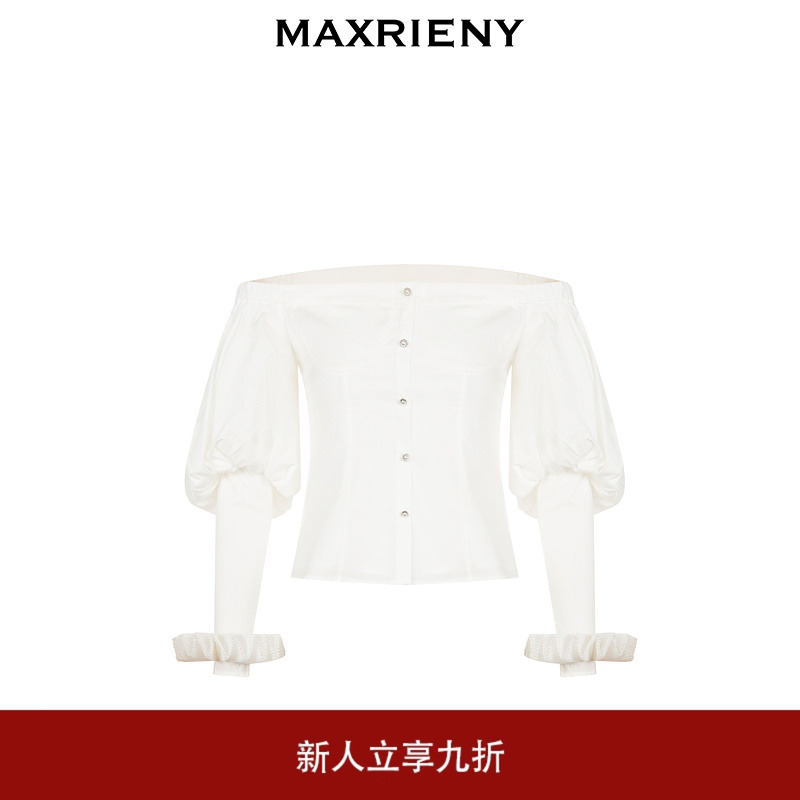 MAXRIENY一字肩吊带雪纺衫秋季上衣女泡泡袖