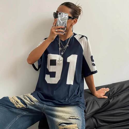 Splicing mesh short sleeved T-shirt jersey loose top