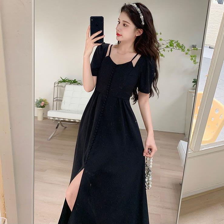 大码女装法式复古赫本风连衣裙夏季胖mm设计感收腰显瘦吊带长裙子