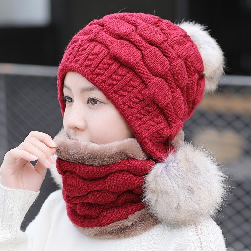 冬百休闲毛线护耳针织帽帽绒女版冬季帽搭韩球加厚保暖大毛帽子加