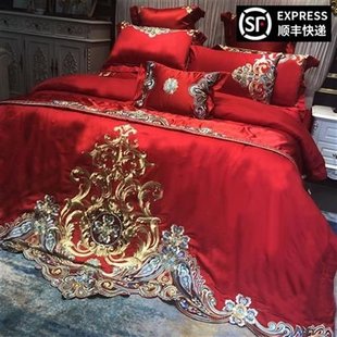 大红色结婚婚床上用品新婚式 四华件套奢十件套刺绣庆床盖NII被套